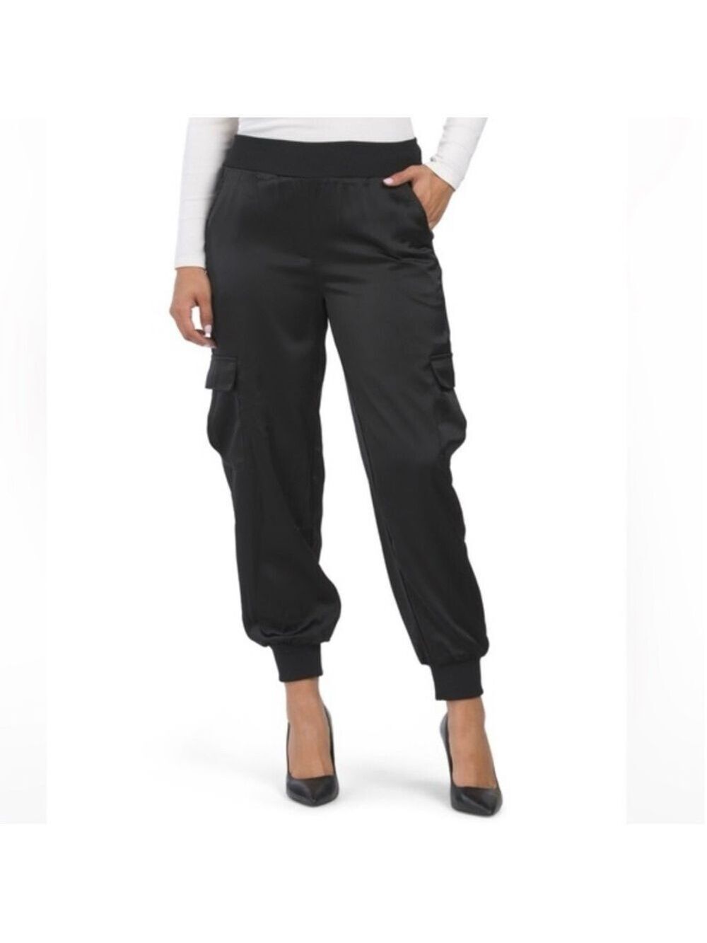 Rachel Zoe Satin Feel Polyester Stretch Cargo Joggers Solid Black Size Medium